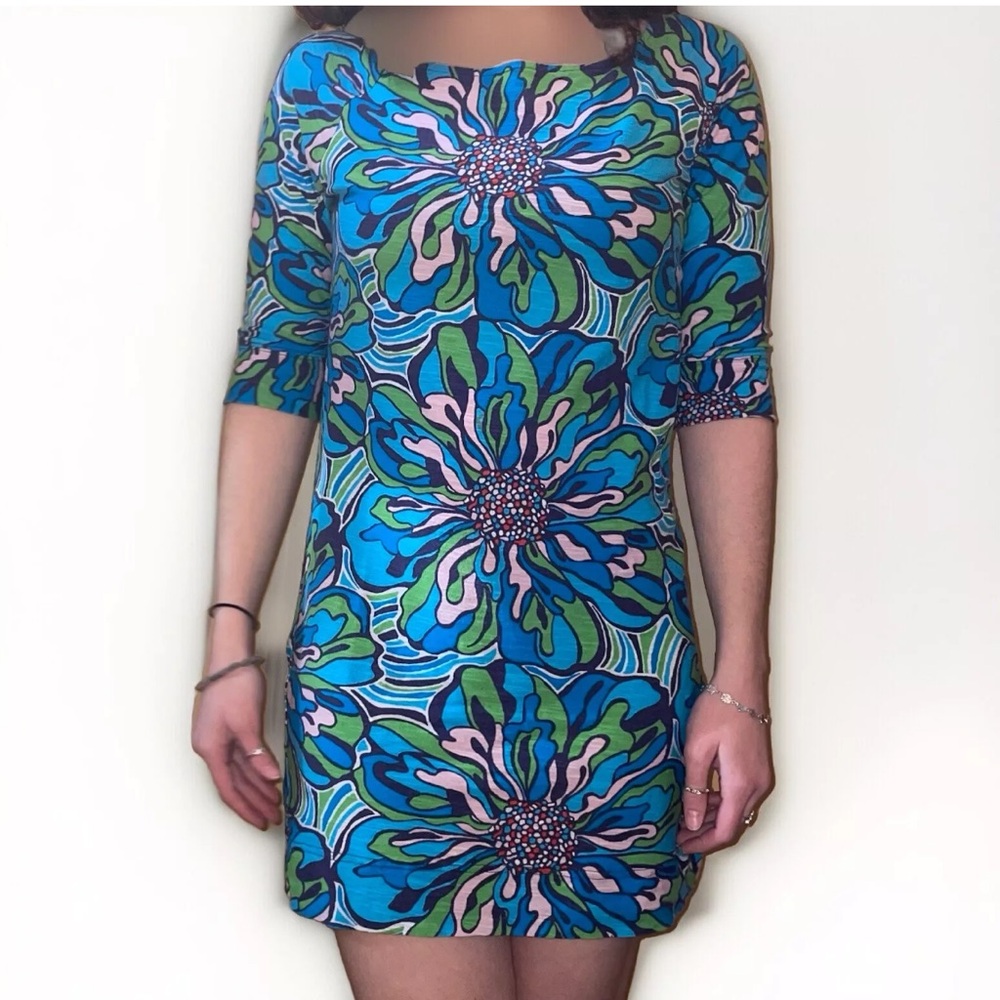 Lilly Pulitzer Dress Small Tunic Tropical Print Blue Green Cotton AS IS Coastal